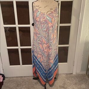 Luxology Asymmetrical Paisley Dress in Orange and Blue